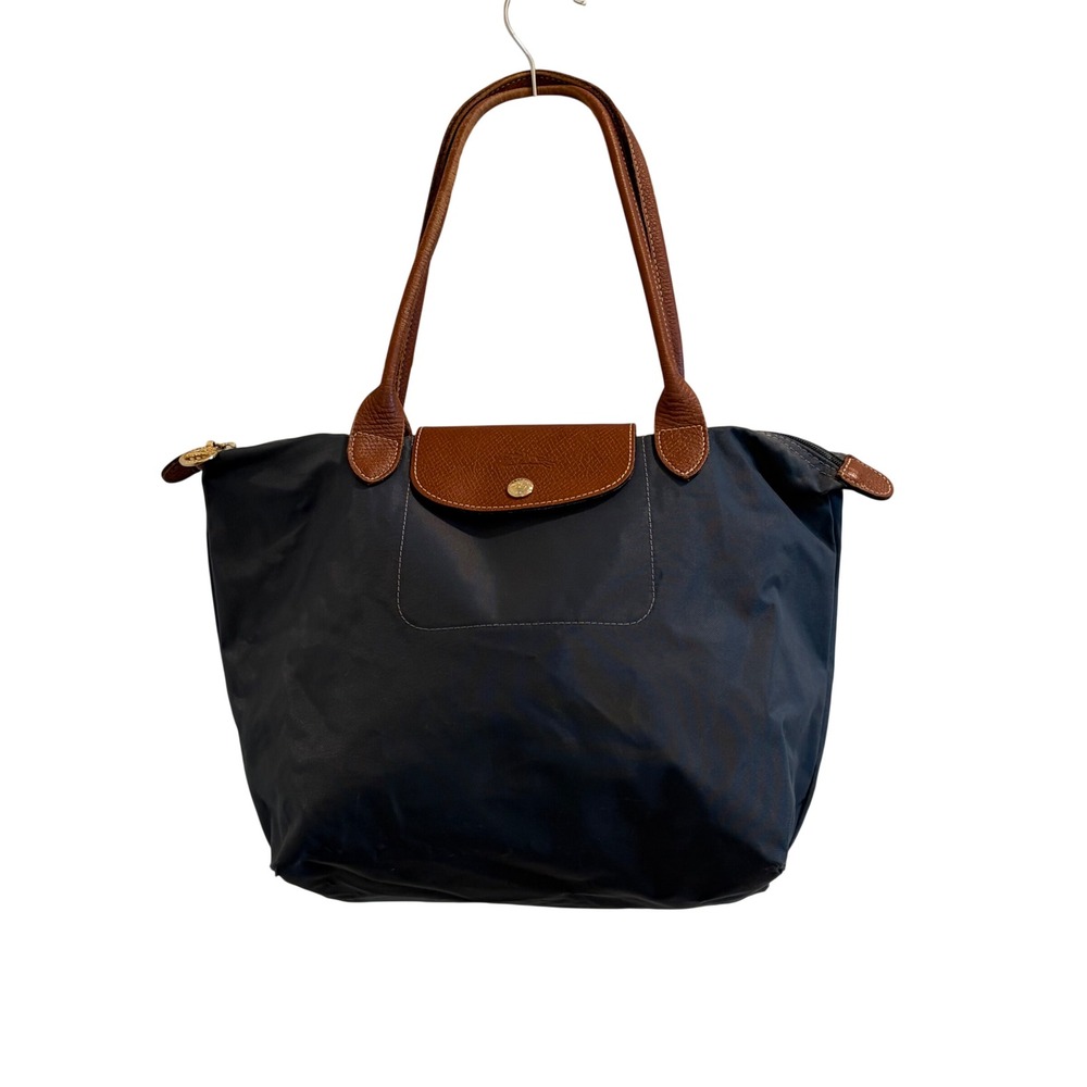 Longchamp Le Pliage Large Shoulder Tote Bag Navy Blue Nylon Brown Leather Trim
